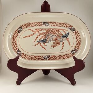 Noritake Tijuana Platter, 14" Oval Stoneware Serving Dish,brown blue bird scroll